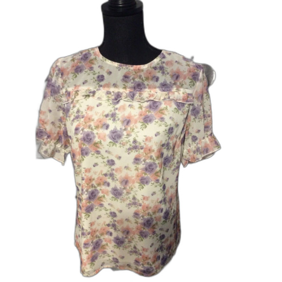 Allegra K Ruffled Floral Gathered Sleeves Romantic Top Large L Women's - Picture 1 of 5